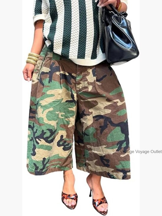 Pants - Women's Camo Barrel Pants High Waisted Wide Leg Cropped Trousers